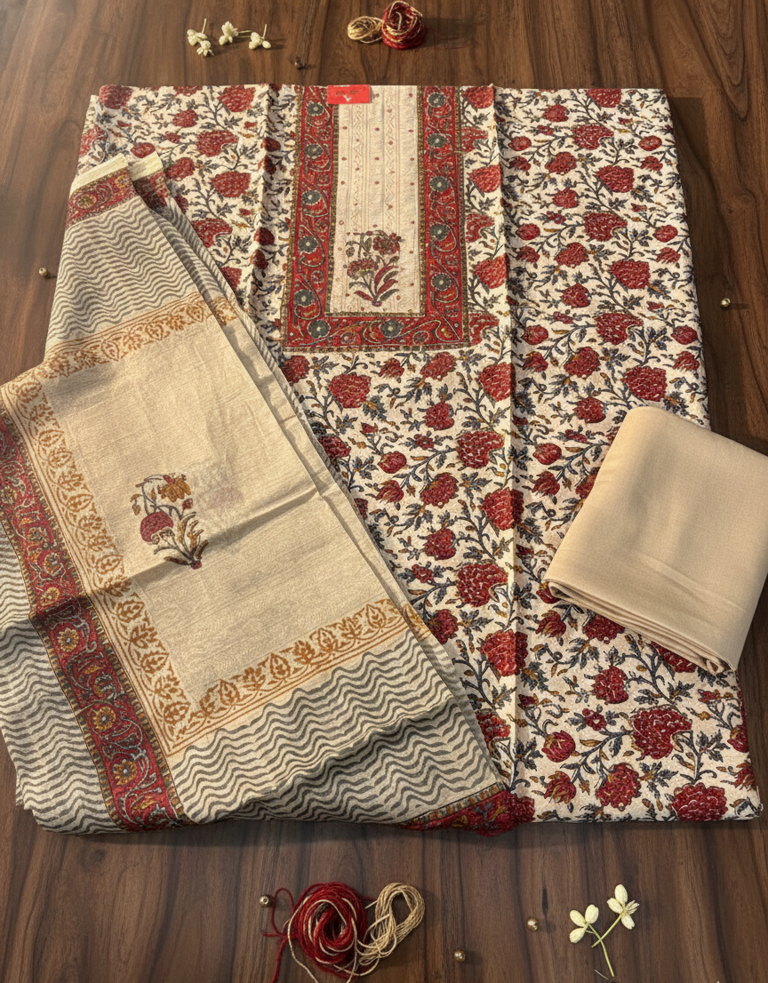 Cream & Red Kalamkari-Style Floral Set
