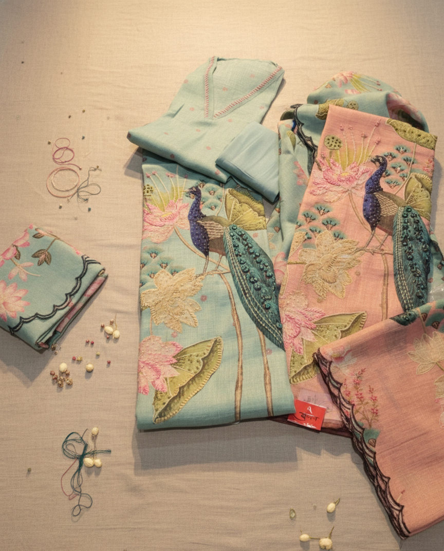 Sky Blue Peacock Embroidered Unstitched Suit Set