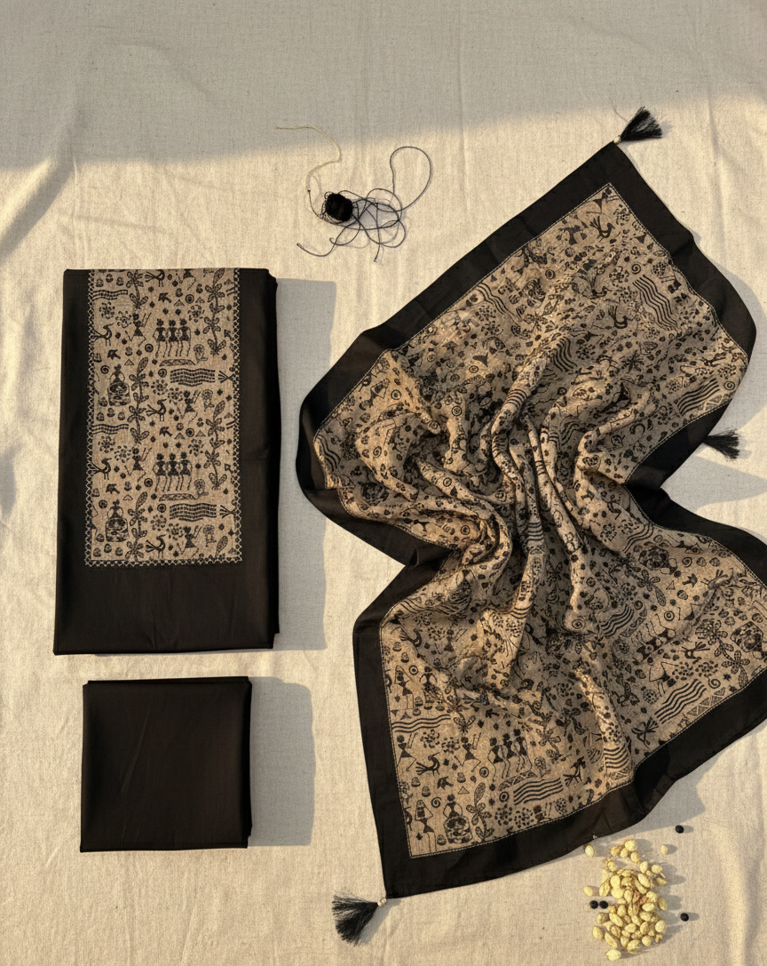 Elegant Black Hand-Block Warli Art Cotton Suit Set