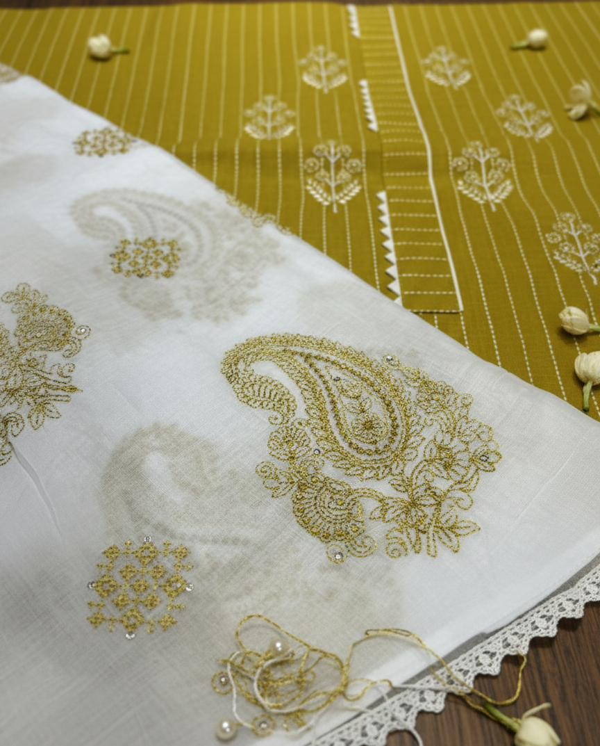 Mustard & White Hand-Embroidered Cotton Suit Set with Lace-Trimmed Dupatta