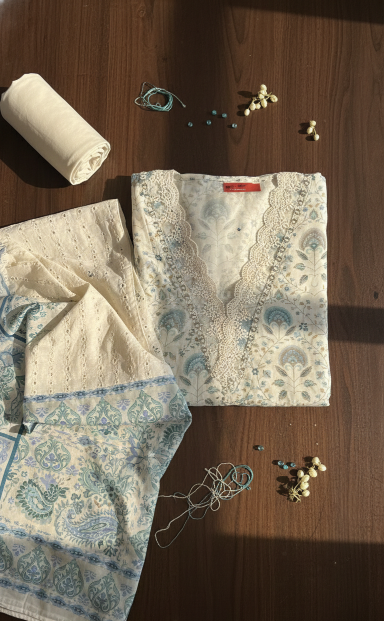 Serene Aqua & Cream Floral Cotton Suit Set with Intricate Crochet Lace Neckline