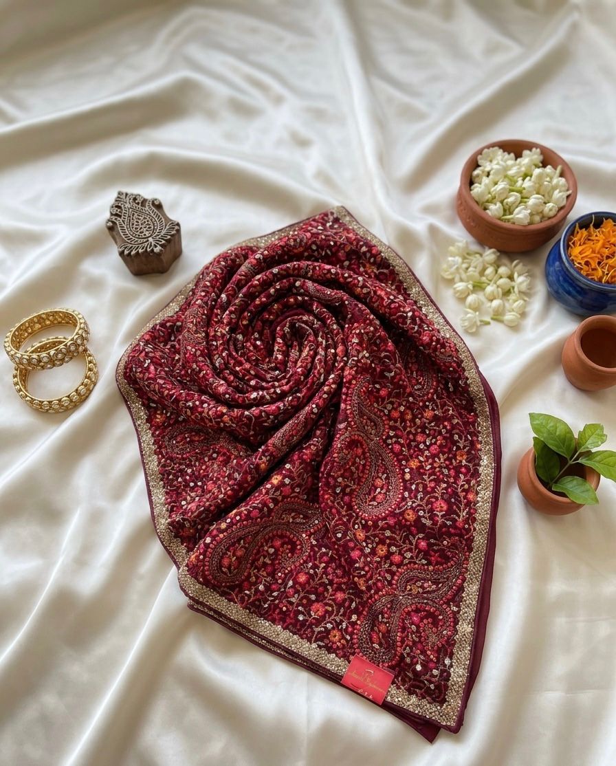 Midnight Floral Embroidered Threadwork Saree