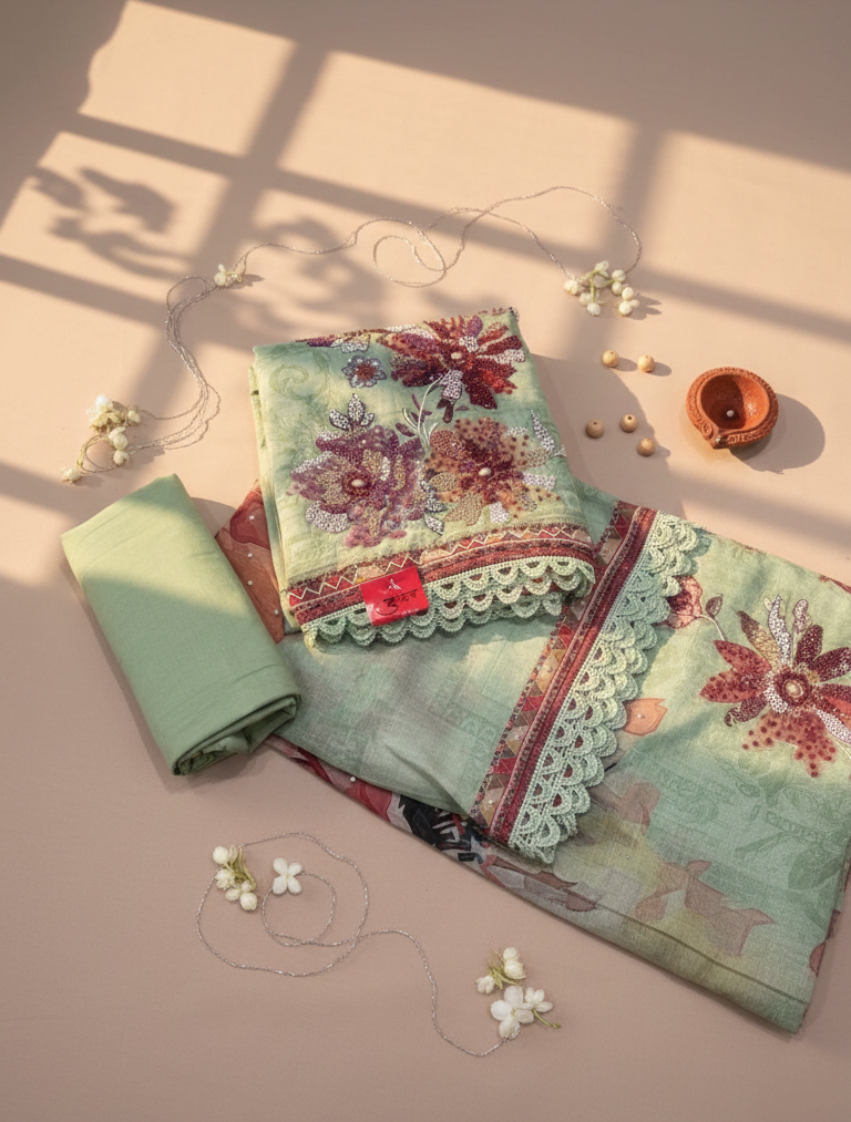 Ethereal Sea-Green Unstitched Suit Set with Floral Appliqué and Lace Detailing
