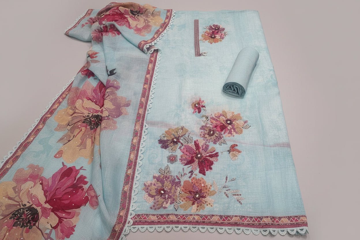 Floral embroidered fabric with a rolled-up mat on a table
