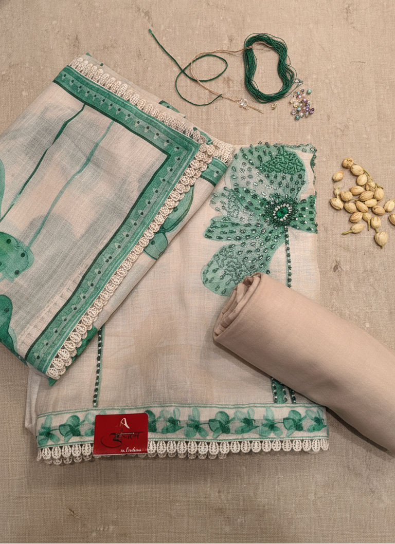 Vintage Teal Unstitched Suit with Deep Crimson Floral Appliqué