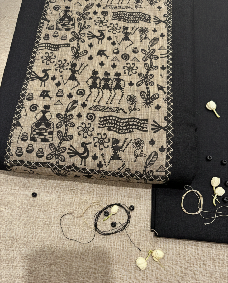 Elegant Black Hand-Block Warli Art Cotton Suit Set