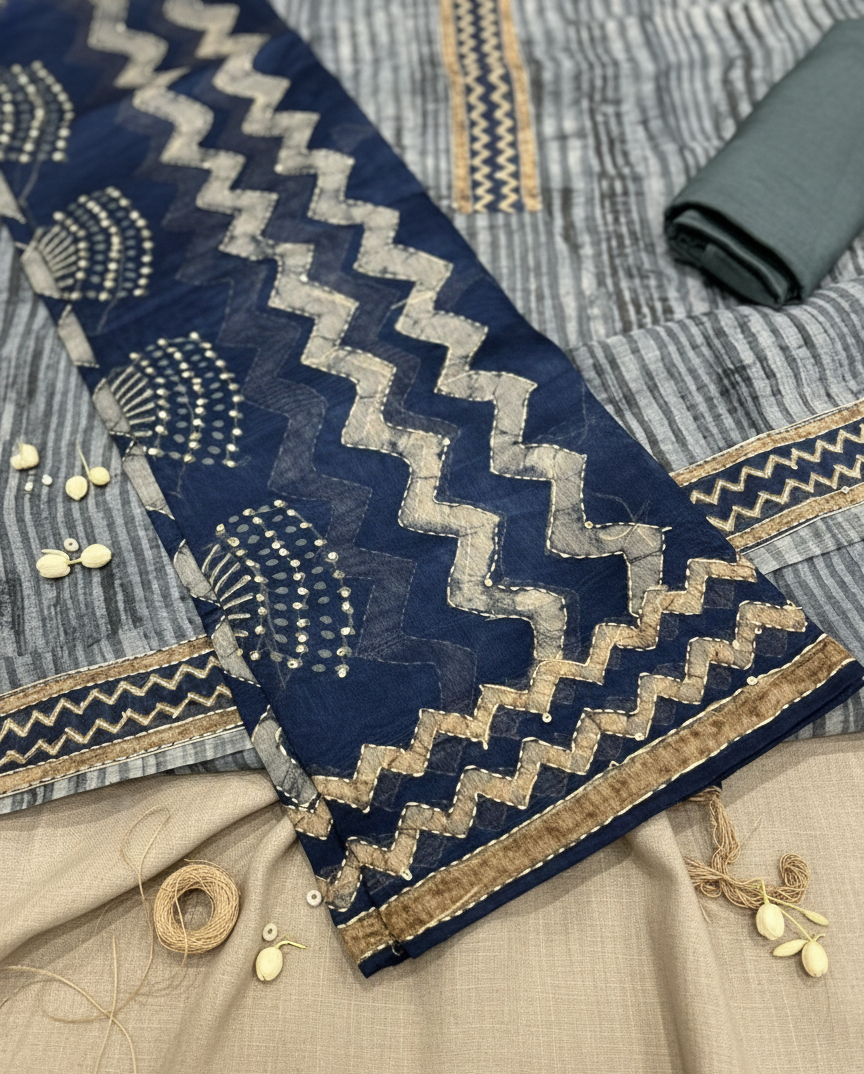 Hand-Block Shibori Print Cotton Suit Set with Embroidered Neckline - Teal & Seafoam Blue