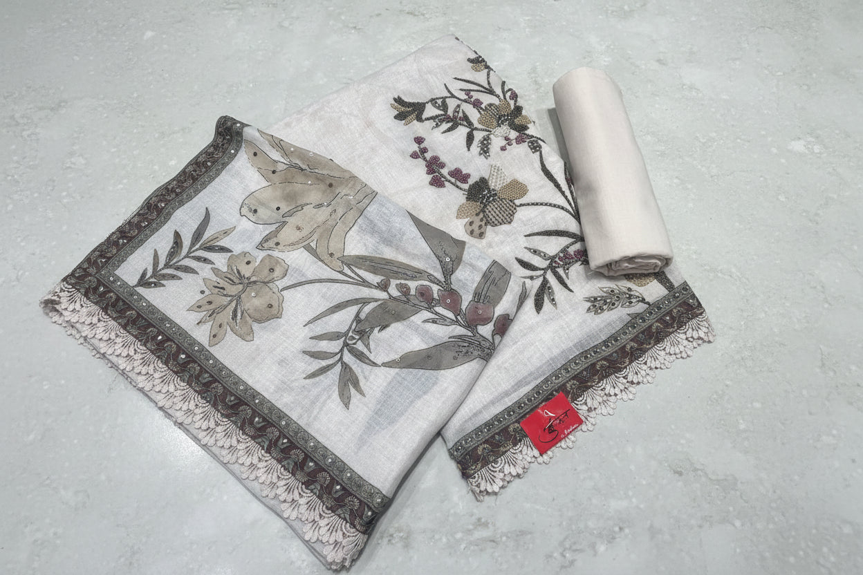 Floral patterned mul fabric with a brand label on a textured surface