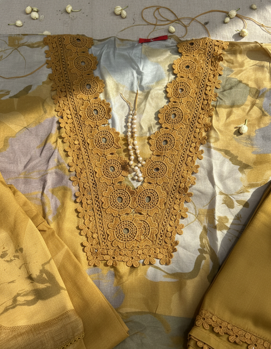 Earth Tone Floral Print Co-ord Set with Hand-Crafted Crochet Lace Detail