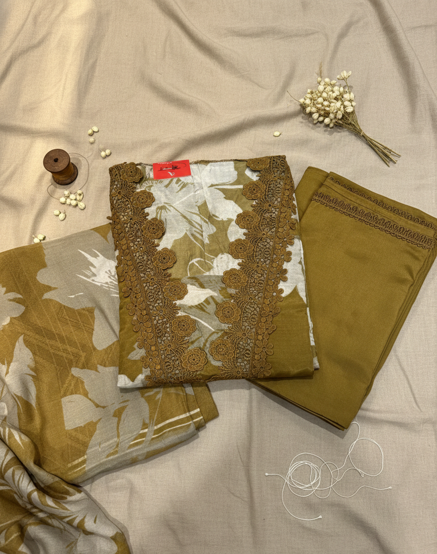Earth Tone Floral Print Co-ord Set with Hand-Crafted Crochet Lace Detail
