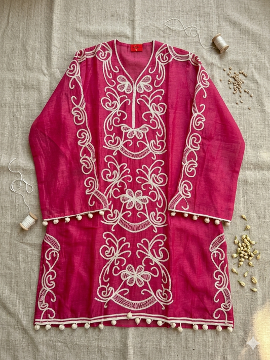 Fuchsia Bloom Embroidered Mul cotton suit