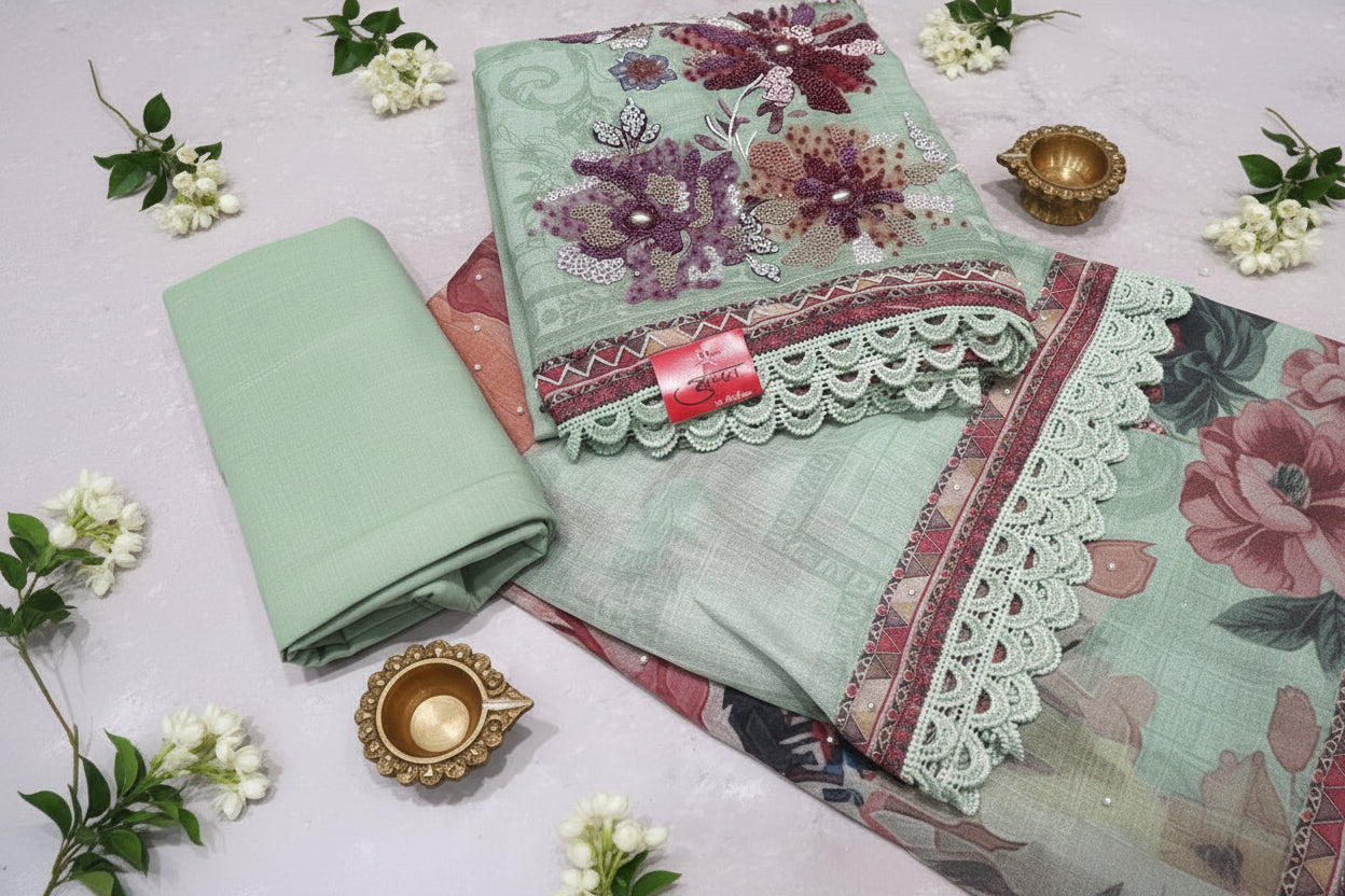 Flat-lay of a sea-green unstitched suit set with floral embroidery and scalloped lace borders, styled with jasmine buds and a clay diya on a smooth peach background.