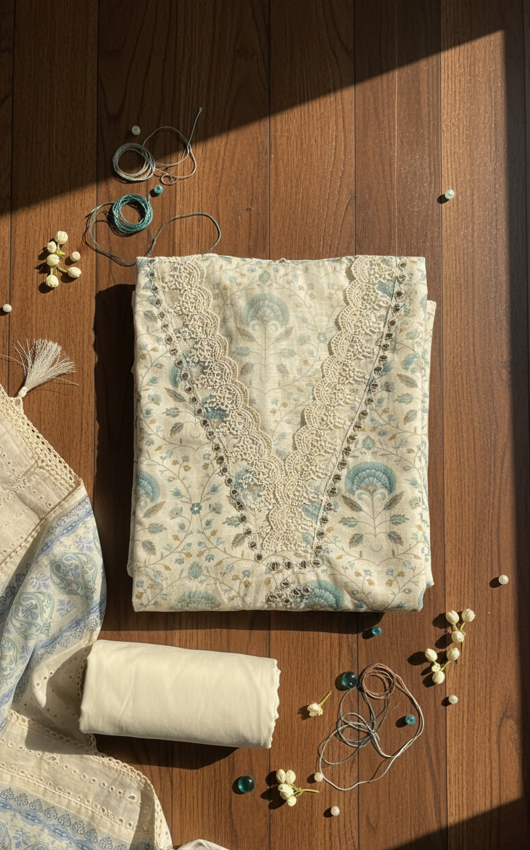 Serene Aqua & Cream Floral Cotton Suit Set with Intricate Crochet Lace Neckline