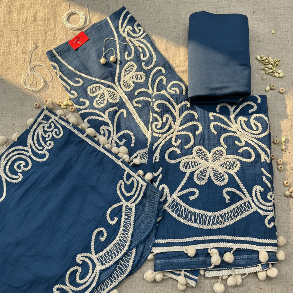 Fuchsia Bloom Embroidered Mul cotton suit