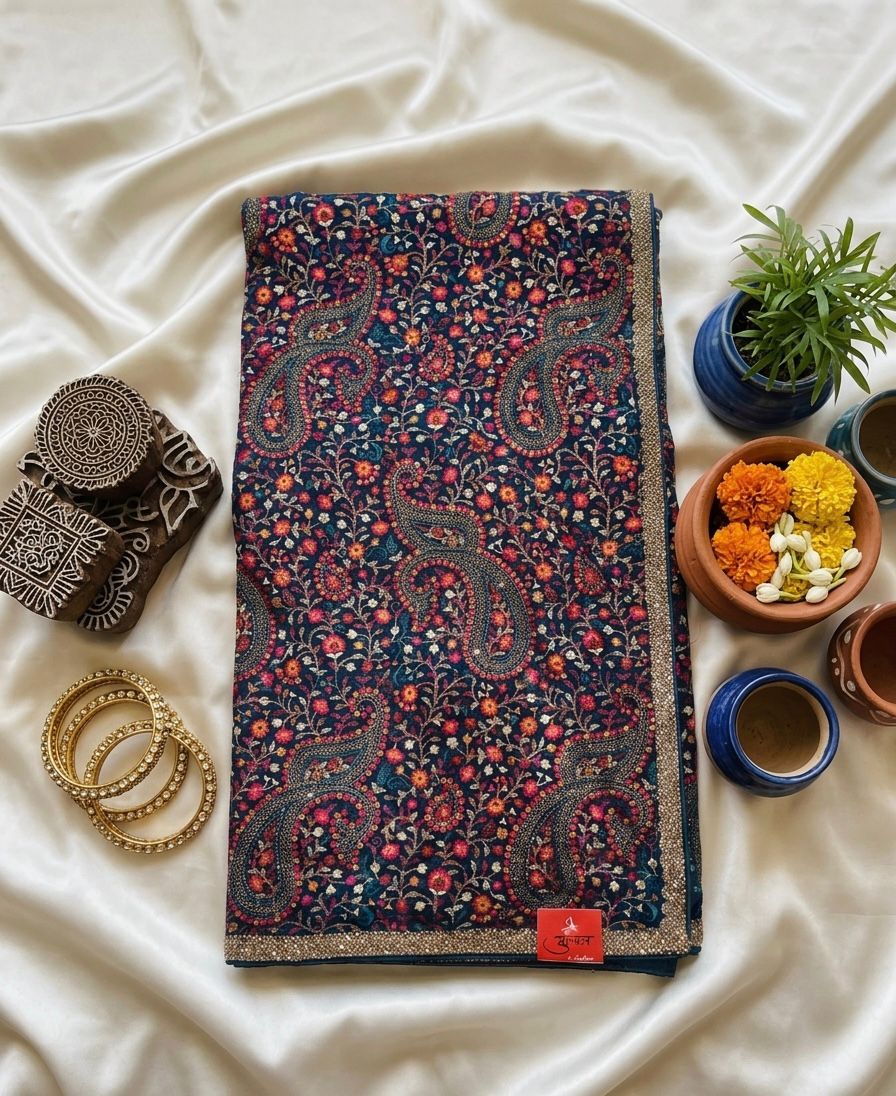 Midnight Floral Embroidered Threadwork Saree