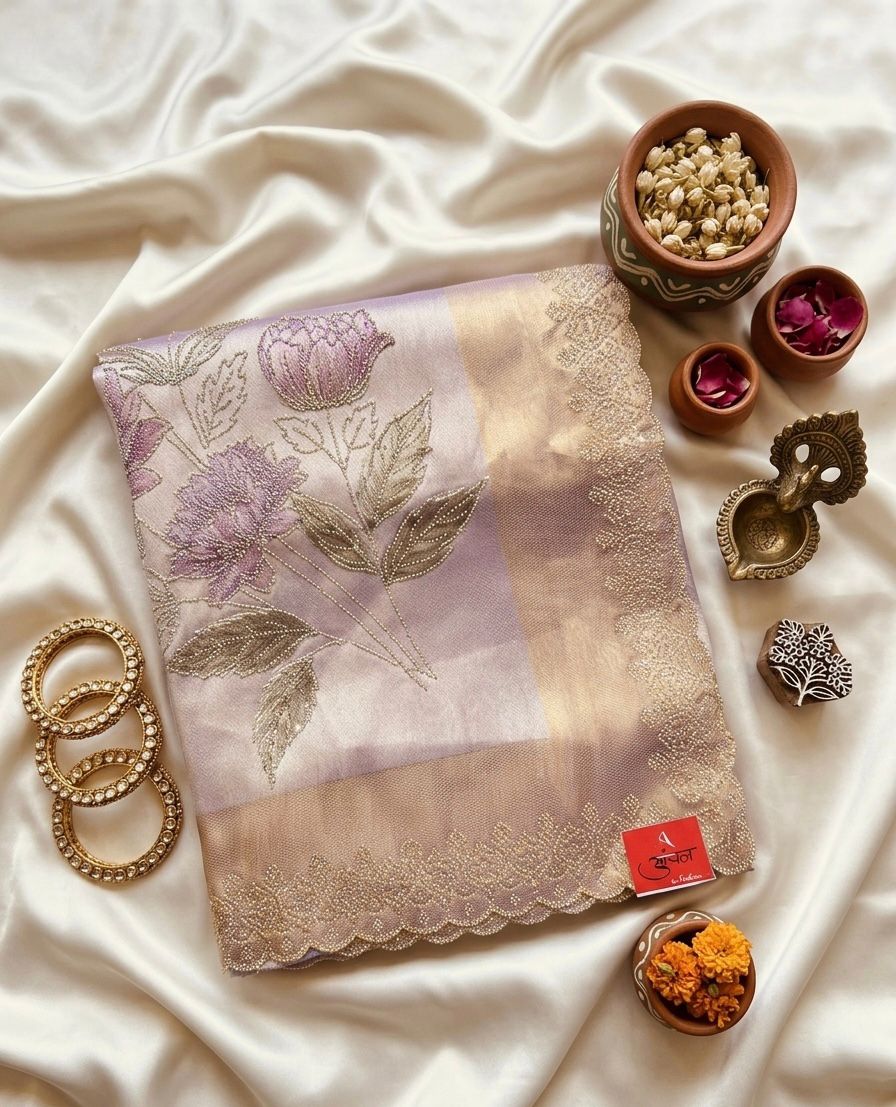 Ivory Floral Embroidered Saree with Gold Borde