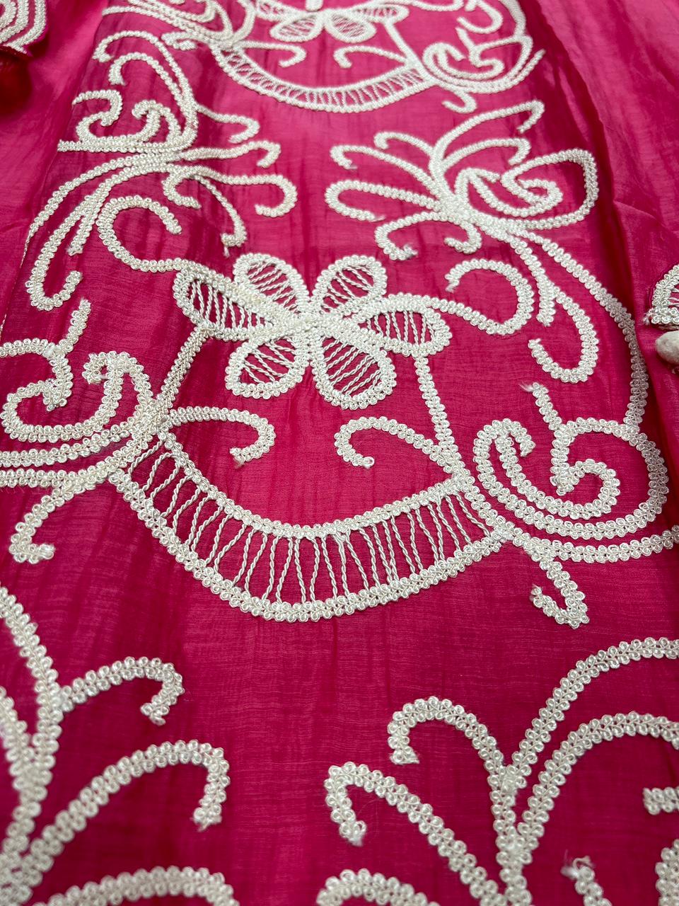Fuchsia Bloom Embroidered Mul cotton suit