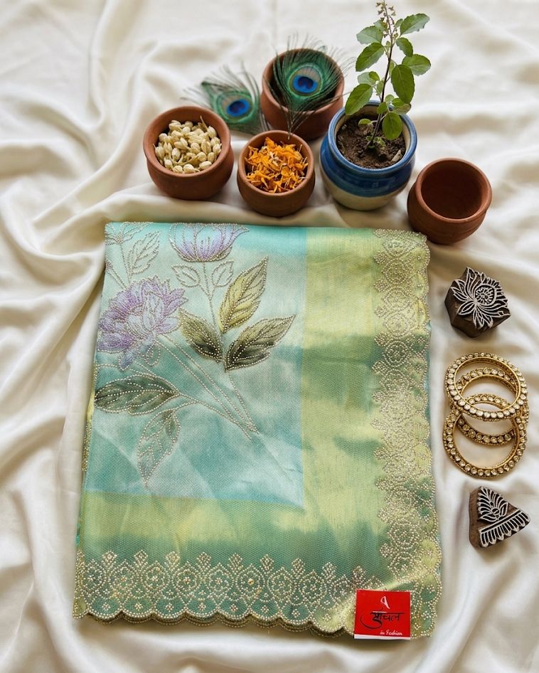 Ivory Floral Embroidered Saree with Gold Borde